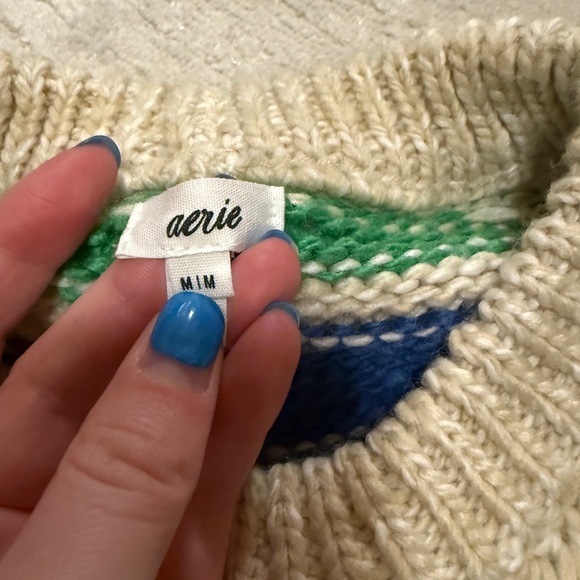 Aerie Green and Blue Crew Neck Sweater with Wavy Stripes - Picture 5 of 6